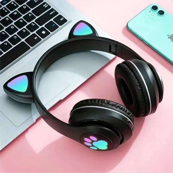 Vezeték nélküli fejhallgató macskafülekkel, RGB világítás, Bluetooth 5.0, fekete