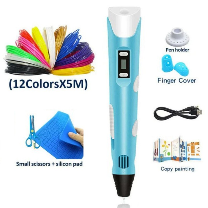 Creion 3D, reincarcabil USB, set 12 culori, 5m filament, accesorii, multicolor
