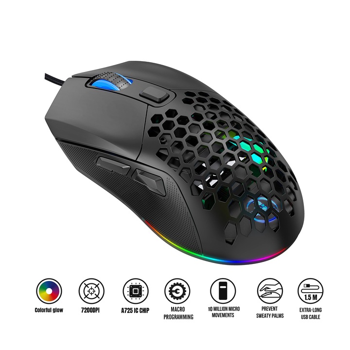 Геймърска мишка с кабел, 7200 dpi, RGB осветление, сменяем заден капак
