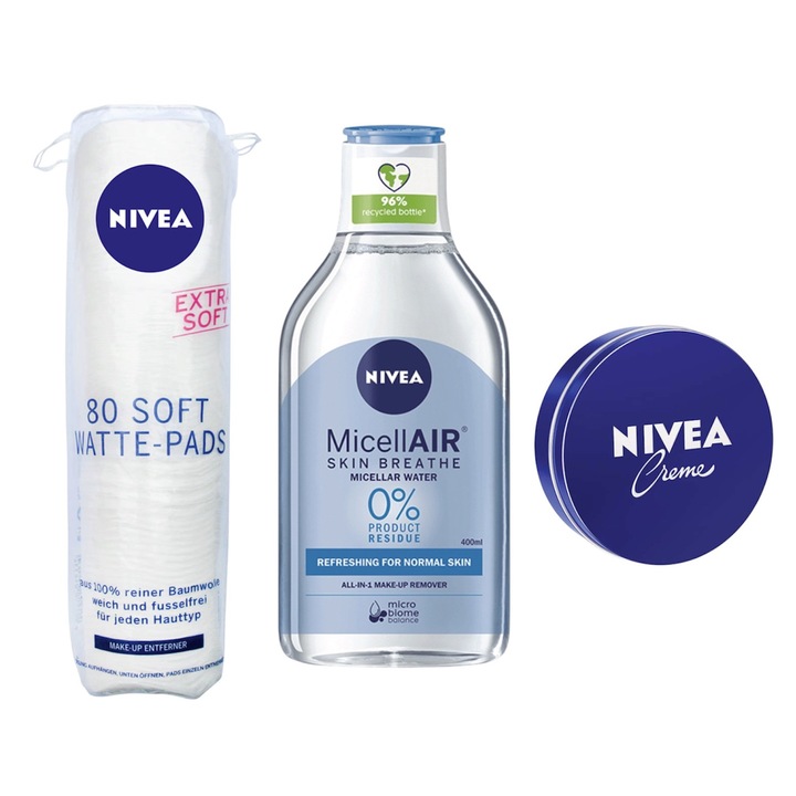 Nivea sminklemosó és hidratáló szett, micellás víz 400 ml, hidratáló krém 250 ml és 80 sminklemosó korong