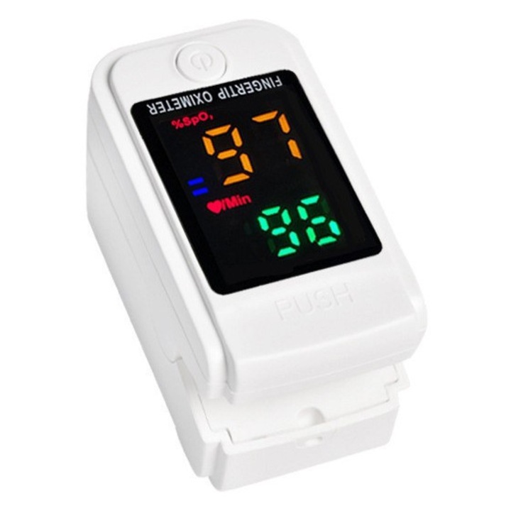 Pulsoximetru digital multifunctional alb, ecran LED, portabil, pentru adulti si seniori