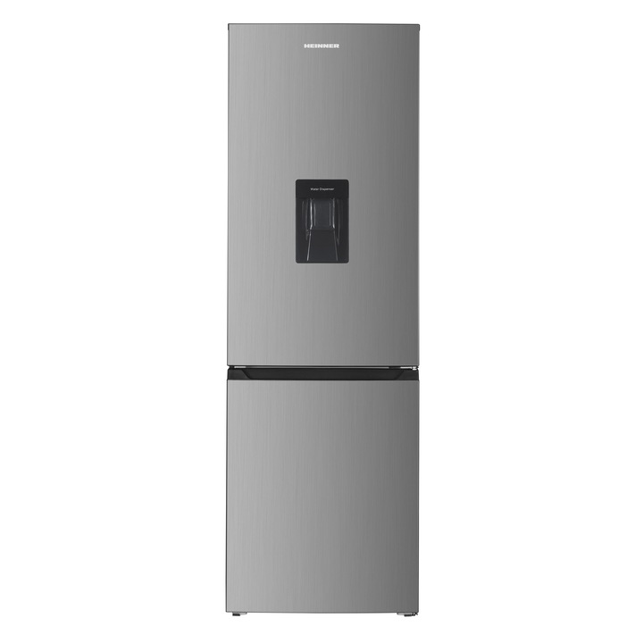 Heinner HC-HM313XWDE++ kombinált hűtőszekrény, 313 l, E energiaosztály, Víztartály, Elektronikus vezérlés állítható termosztáttal, LED világítás, Króm díszítés, H 185.8 cm, Inox megjelenés