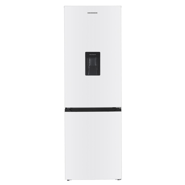 Heinner HC-HM313WDE++ kombinált hűtőszekrény, 313 l, E energiaosztály, vízadagoló, elektronikus vezérlés állítható termosztáttal, LED világítás, króm díszítések, H 185.8 cm, fehér