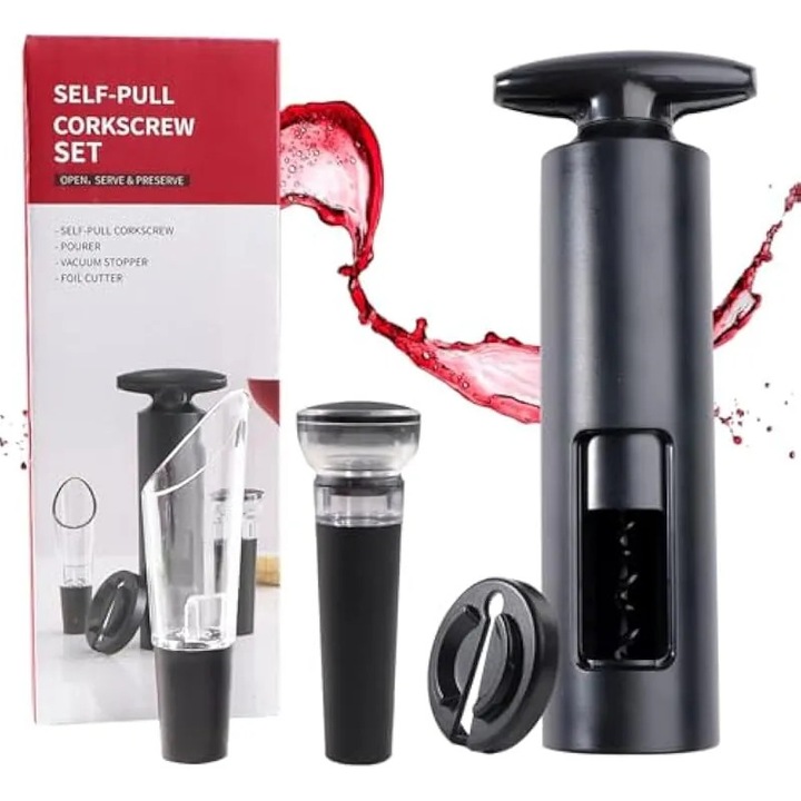 Set tirbuson vin 4 piese, decantor, taietor hartie, dop vid, inox, transparent