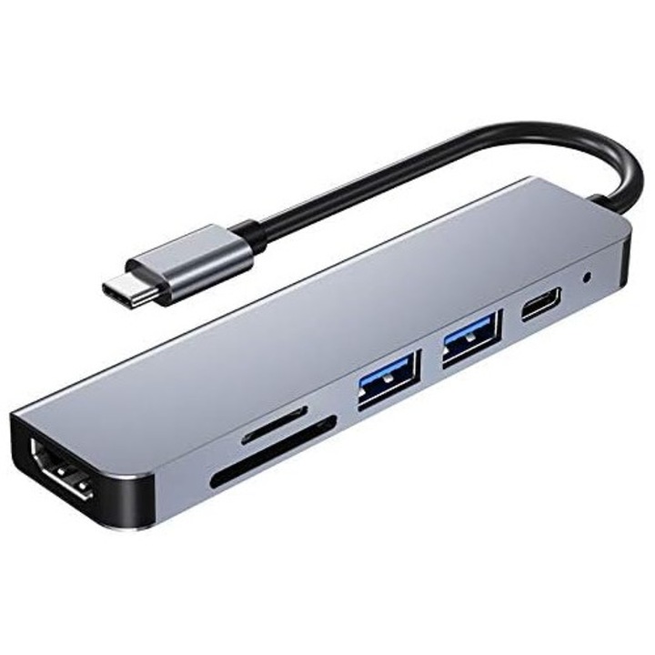 USB-C хъб 6 в 1, 4K HDMI, зареждане 100W, 2 USB 3.0, четец на SD карти, компактен