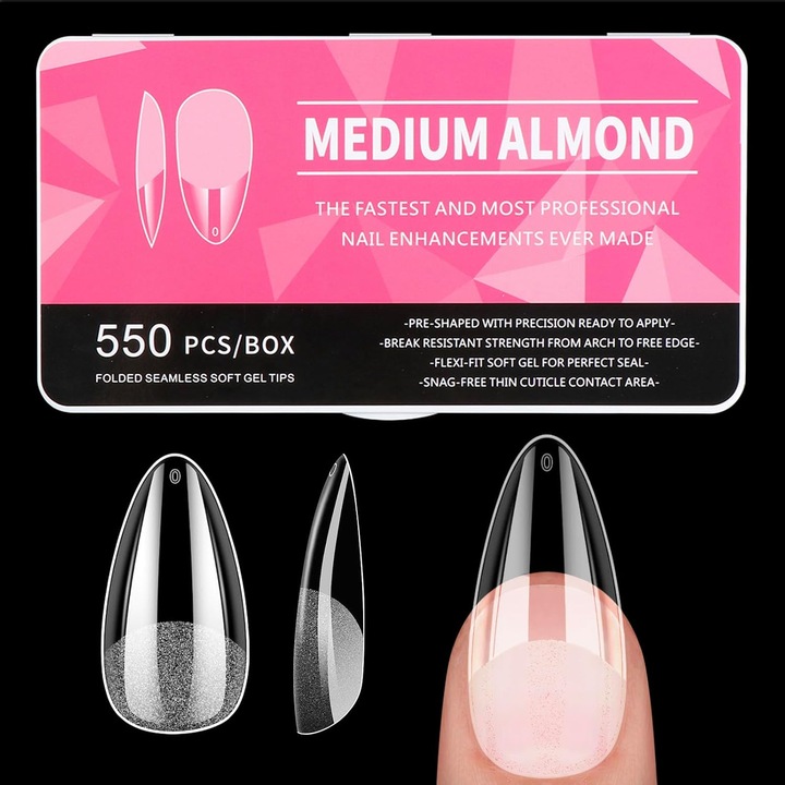 Set 550 tipsuri gel unghii, forma migdala, culoare naturala, marime variabila