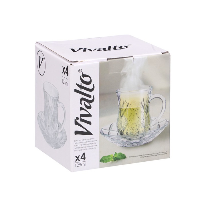 Vivalto csésze csészealjjal, üveg, 125 ml, 4 darab