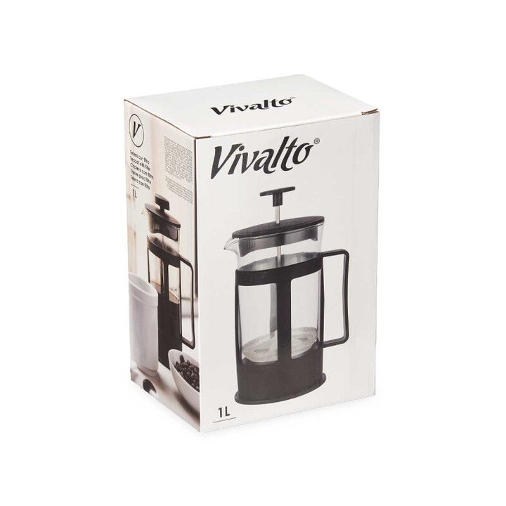Vivalto teáskanna, préses, üveg, 1 L, fekete