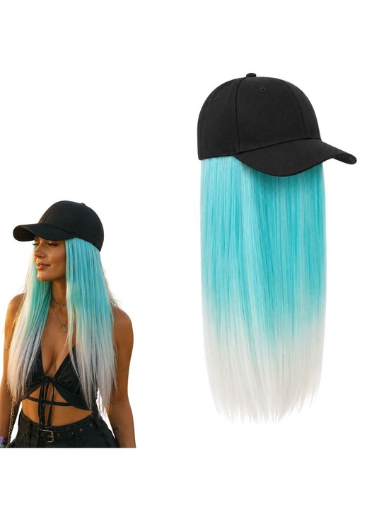 Paróka Integrált Sapkával, FONIX VibeCap, Egyenes Szintetikus Haj, 50 cm Hosszúság, Ombre Stílus, Vibráló Színek, Gyors Felhelyezés, Ragasztó Nélkül, 2 az 1-ben Kiegészítő, Ideális Fesztiválra, Cosplayre, Bulira és Tematikus Partikra, Türkiz