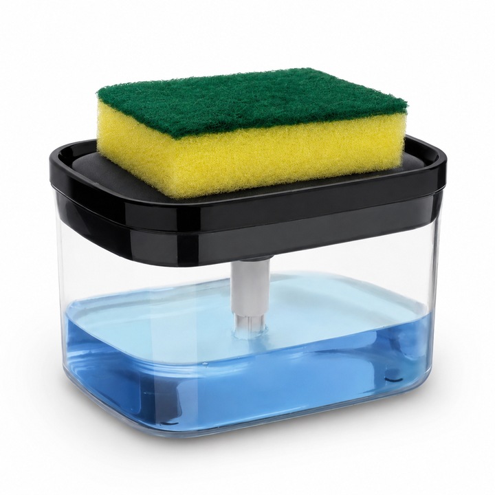 Dozator detergent vase cu suport pentru burete, transparent/negru, 10.5x14.5x10cm, set cu burete