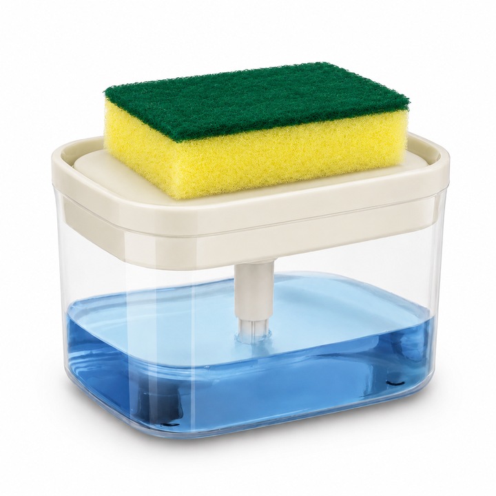 Dozator detergent vase cu suport burete, plastic, transparent/alb, 10.5x14.5x10cm, set cu burete