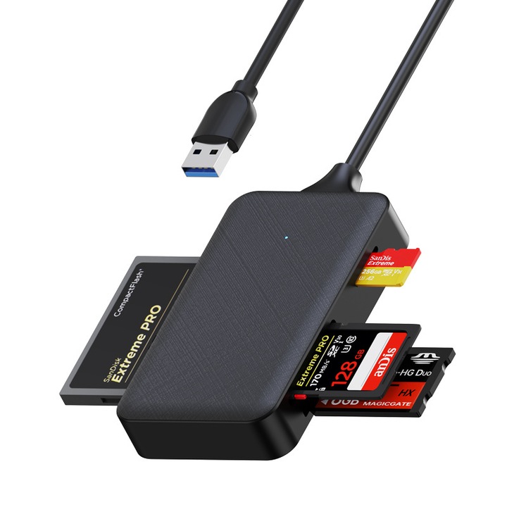 USB 4 az 1-ben kártyaolvasó, SD TF MS CF, fekete