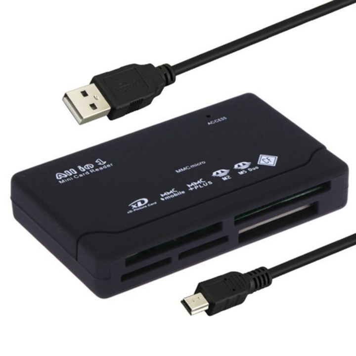 Univerzális USB kártyaolvasó, fekete, kompakt