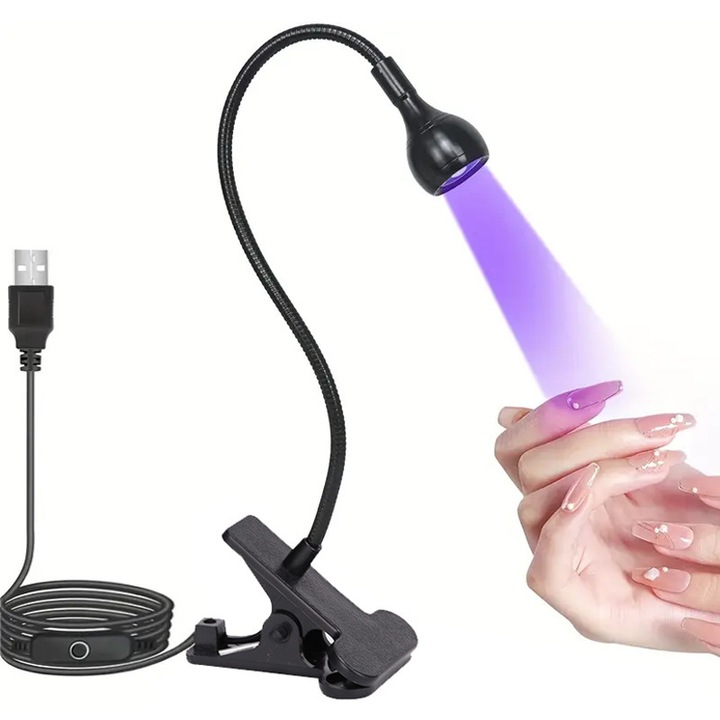 Rugalmas UV LED lámpa körmökhöz, mini, biztonsági csipesz, forgatható, fekete
