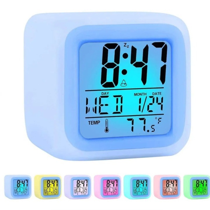 Ceas desteptator digital cub, LED multicolor, termometru, portabil, 8x8x8cm