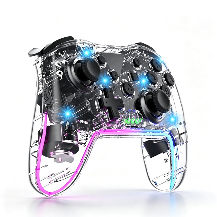 Безжичен геймпад Switch DONFANLIA®, Bluetooth 4.0, Поддръжка на игри на множество платформи, RGB илюзия, Джойстик с функция за събуждане, Двоен вибрационен мотор, Прозрачен