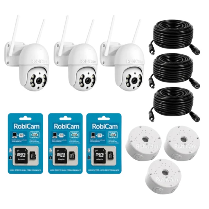 Комплект за видеонаблюдение RobiCam с 3 WiFi PTZ камери 4MP Ultra HD, 3 x 64GB карти памет, монтажни кутии, 10 м захранващи кабели, iCSee, нощно виждане и AI разпознаване