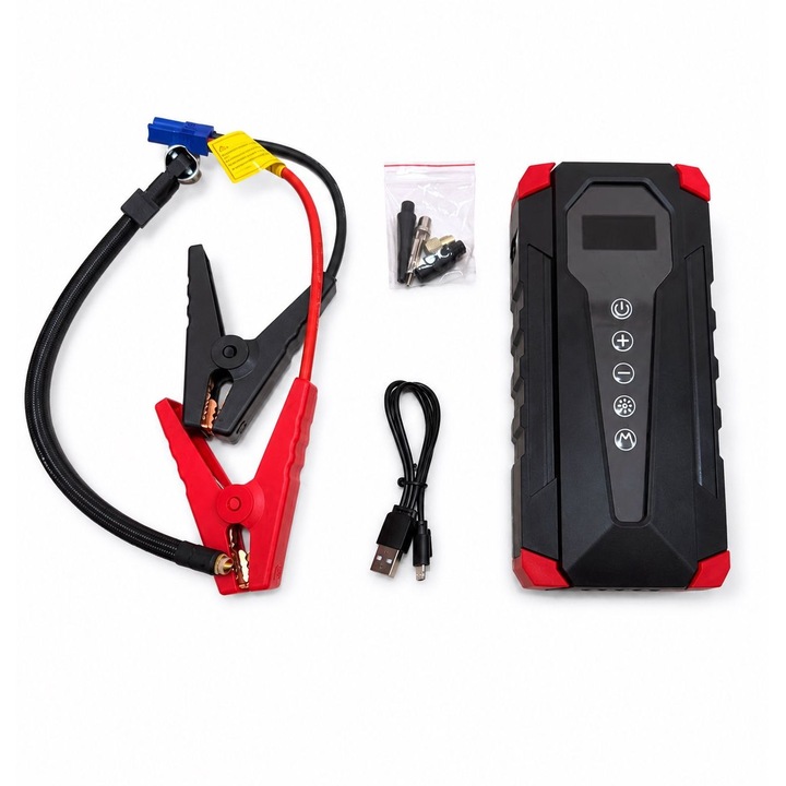 Hordozható gumiabroncs-felfújó kompresszor+Starter autóakkumulátor DDQ-1013, 12V-hoz, "Power bank" funkció, LED reflektor 3 üzemmóddal