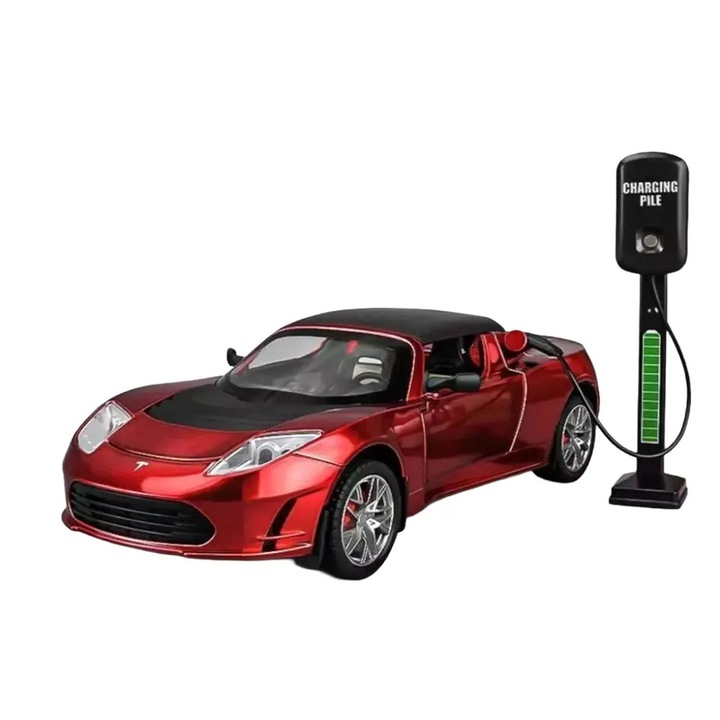 Fém autó, Tesla Roadster, 1:24 méretarány, Piros, Töltőállomással