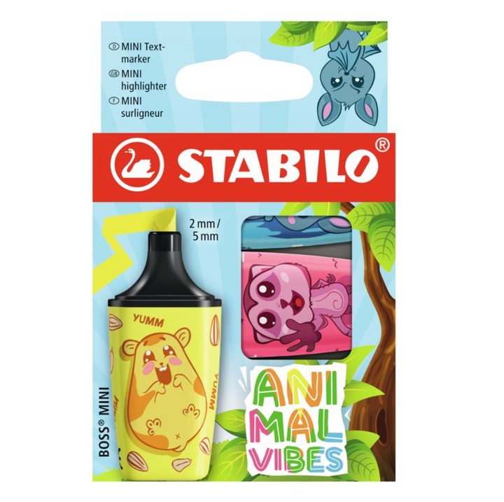 Mini szövegkiemelő készlet, Stabilo, Boss Mini, Animal Vibes, 3 darab