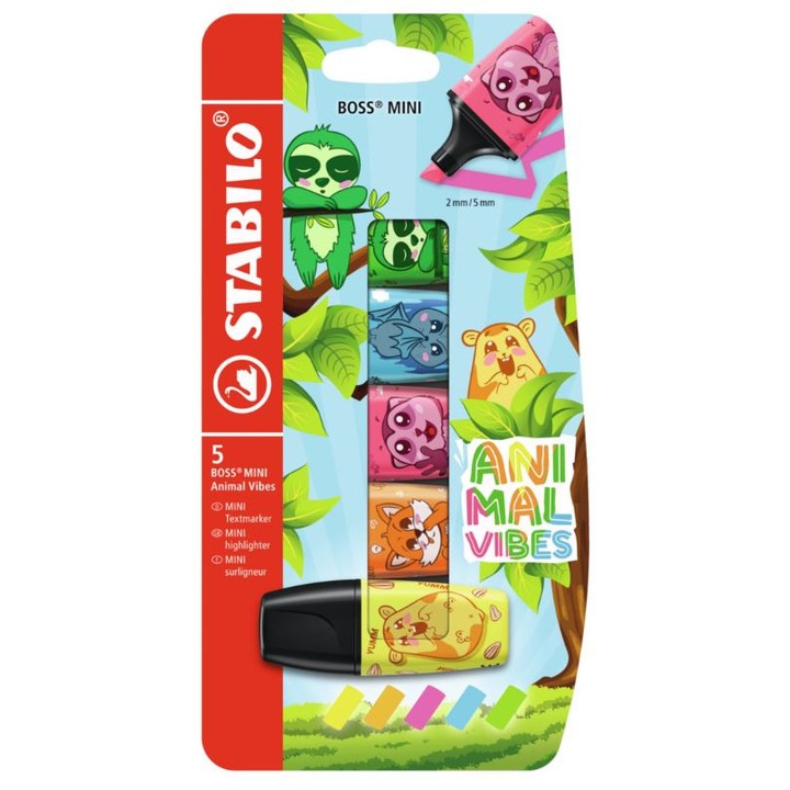 Mini szövegkiemelő készlet, Stabilo, Boss Mini, Animal Vibes, 5 darab