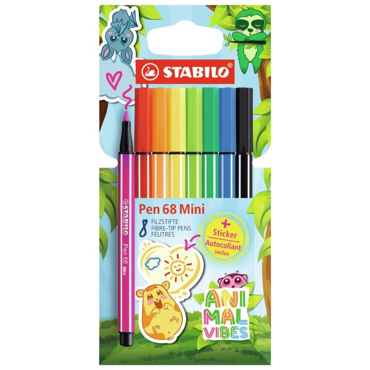 Filctoll készlet, Stabilo, Pen 68 Mini, Animal Vibes, 8 szín