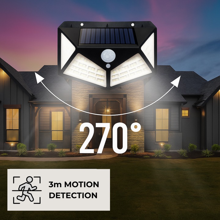 Lámpa Szolár LED Kültéri 100 LED, PIR Mozgásérzékelő, 270°-os Világítási Szög, IP65, 3 Mód, 620 lm, TYND-1