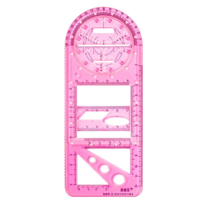 Rigla geometrica multifunctionala, plastic, transparenta, 20.3x8.4cm