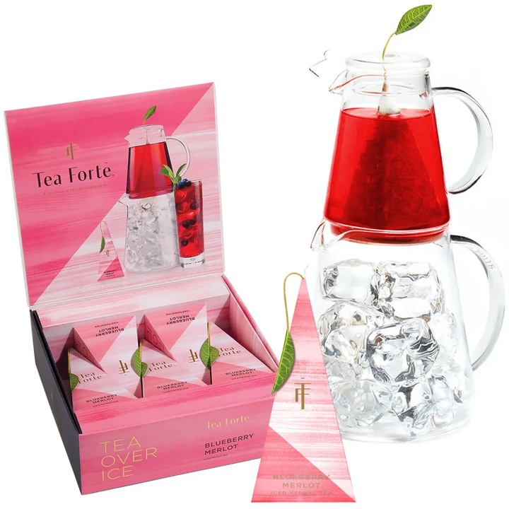 Set cadou ceainic cu infuzor pentru ceai rece, Tea Forte, 2 carafe din sticlă, 5 piramide Blueberry Merlot, 360ml si 720ml