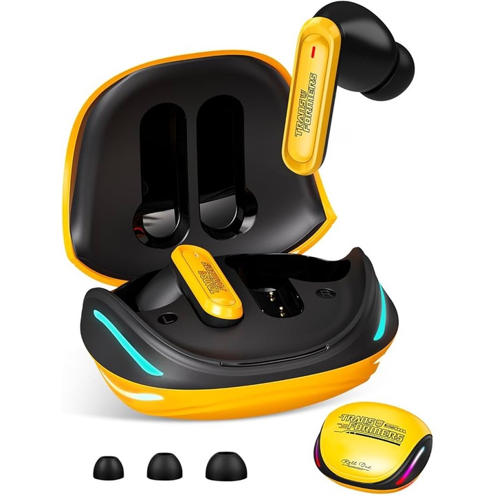 Hivatalos Transformers Bumblebee vezeték nélküli fülhallgató, Bluetooth 6.0, mechanikus tok LED fényekkel, 24 órás akkumulátor-üzemidő, IPX3 vízálló, fülbe helyezhető fülhallgató iPhone/Android készülékekhez - Sárga
