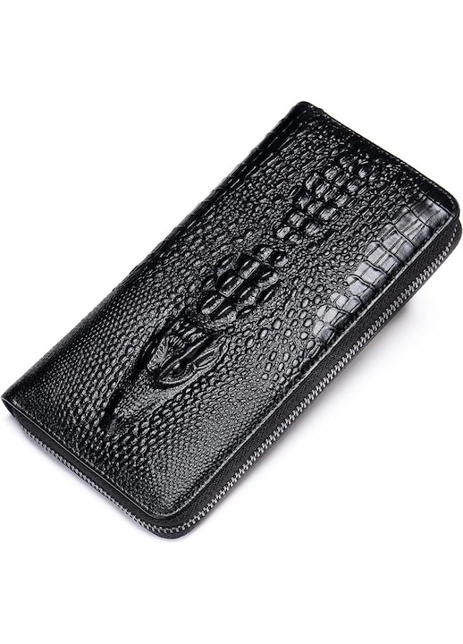 Мъжки портфейл, естествена кожа, с цип, 12 слота за карти, черен, 19, 5х10, 5х2смa