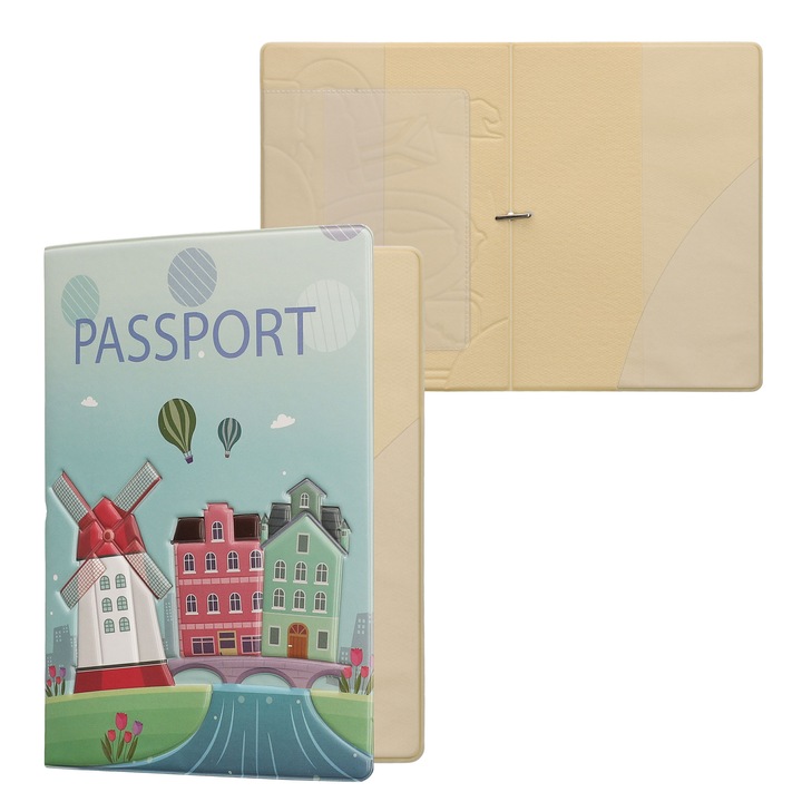 Portofel pentru pasaport Kwmobile cu buzunar card, PVC, plastic, roz, alb, verde, portabil, protectie la praf