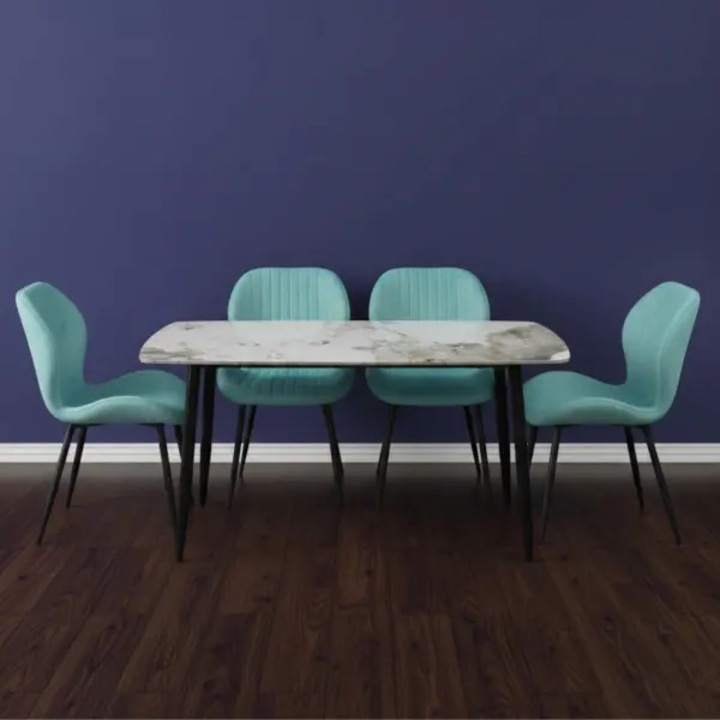 Set Masa Fixa Bucatarie / Dining Atlas Marble Figure ARTA TABLE 137.5 x 77.5 cm cu 4 Scaune Opal Verde Fistic, Tapitate Material Textil, Picioare Metalice Negre