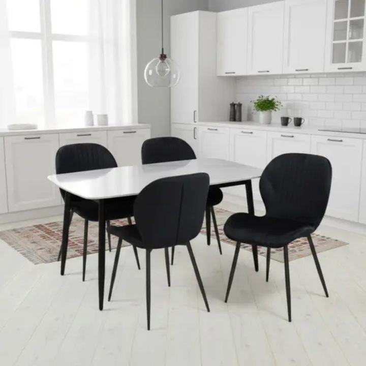 Set Masa Fixa Bucatarie / Dining Atlas Marble Alb ARTA TABLE 137.5 x 77.5 cm cu 4 Scaune Opal Negru, Tapitate Material Textil, Picioare Metalice Negre