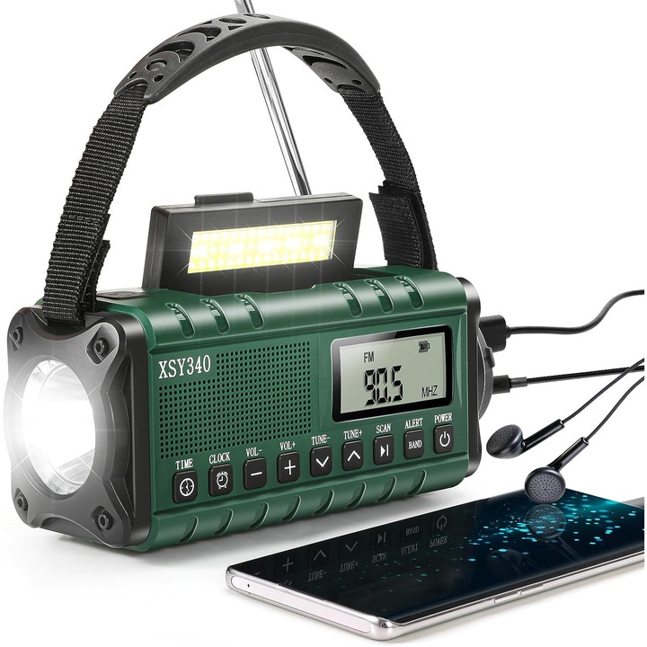 Преносимо AM FM NOAA радио със соларно зареждане и манивела, зелено, 10 000mAh