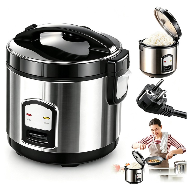 Aparat de gatit orez, Bedee, aparat de gatit orez de 400 W, capacitate de 2 l, functie de mentinere la cald, oprire automata, recipient interior detasabil, accesorii incluse, 21*24*24cm, Argintiu-Negru