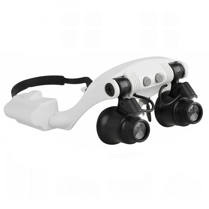 Lupa cu LED, 4 lentile interschimbabile, banda pentru cap, plastic, multicolor
