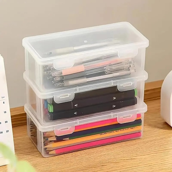 Etui transparent din plastic simplu, 19x8x5cm, pentru scoala si birou