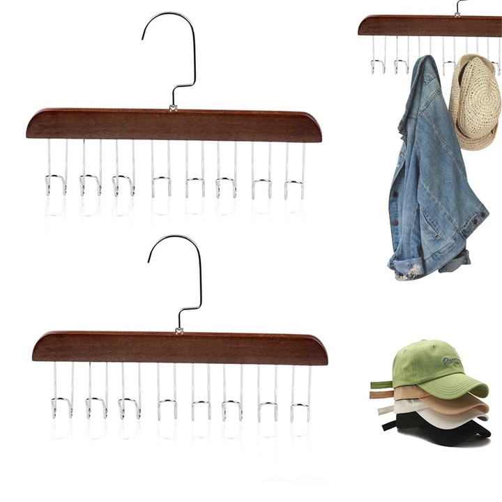 Set 2 suporturi haine multifunctionale, 8 carlige, rotire 360°, lemn natural, 30x15cm