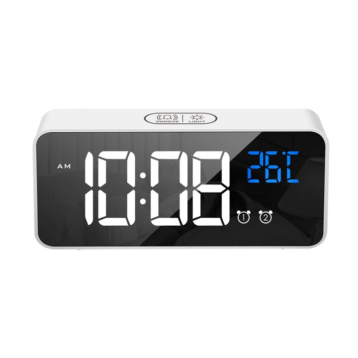 Ceas desteptator electronic, dublu alarma, ecran mare, finisaj oglinda, negru, 12x6cm