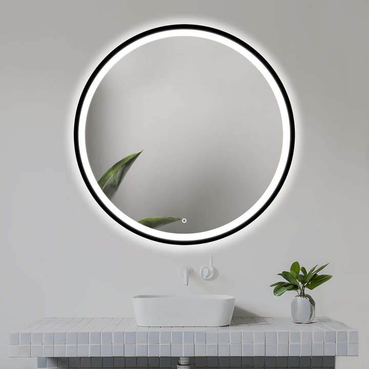 LED-es fali fürdőszobai tükör, Home Glow, kerek, 80 cm, 15 W, világító, érintésérzékelő, fekete keret, alumínium, üveg, természetes fény 6000 K, készlet