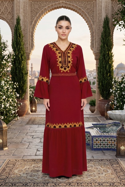 Kaftán maxi ruha, StarFashion, arany hímzés, háromnegyedes ujj, sötétvörös, 2XL