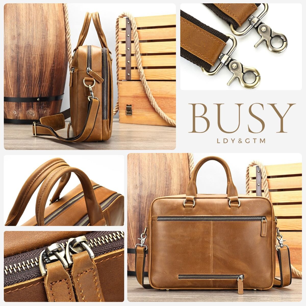 Geanta laptop 15, 6'' din piele naturala Crazy Horse, Leon, BUSY LDY & GTM® - maro