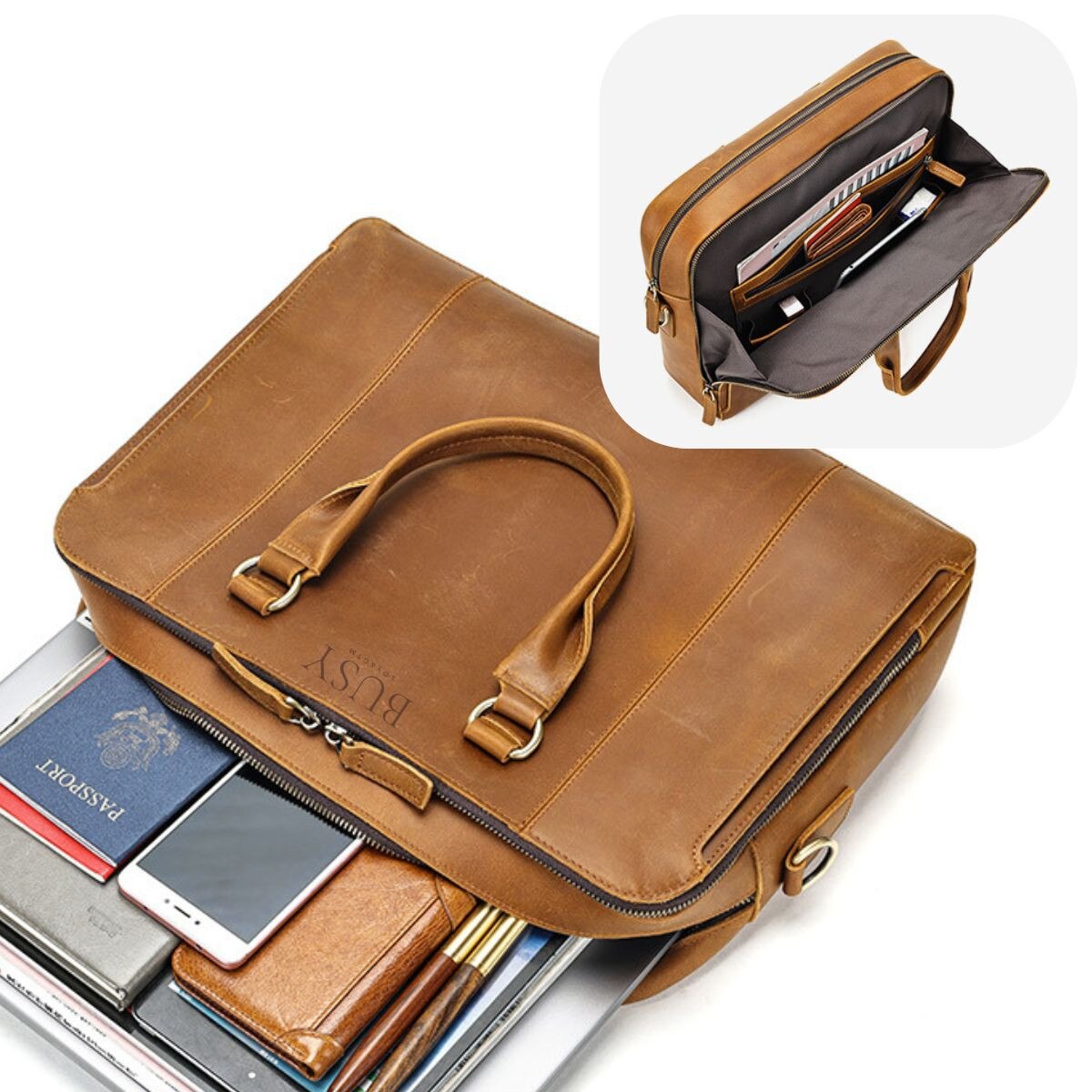 Geanta laptop 15, 6'' din piele naturala Crazy Horse, Leon, BUSY LDY & GTM® - maro