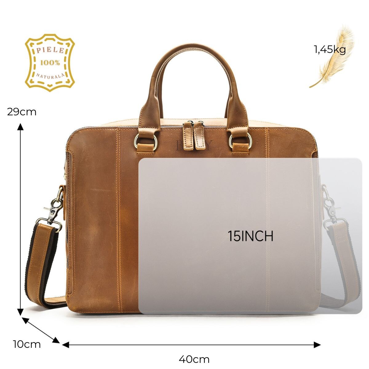 Geanta laptop 15, 6'' din piele naturala Crazy Horse, Leon, BUSY LDY & GTM® - maro