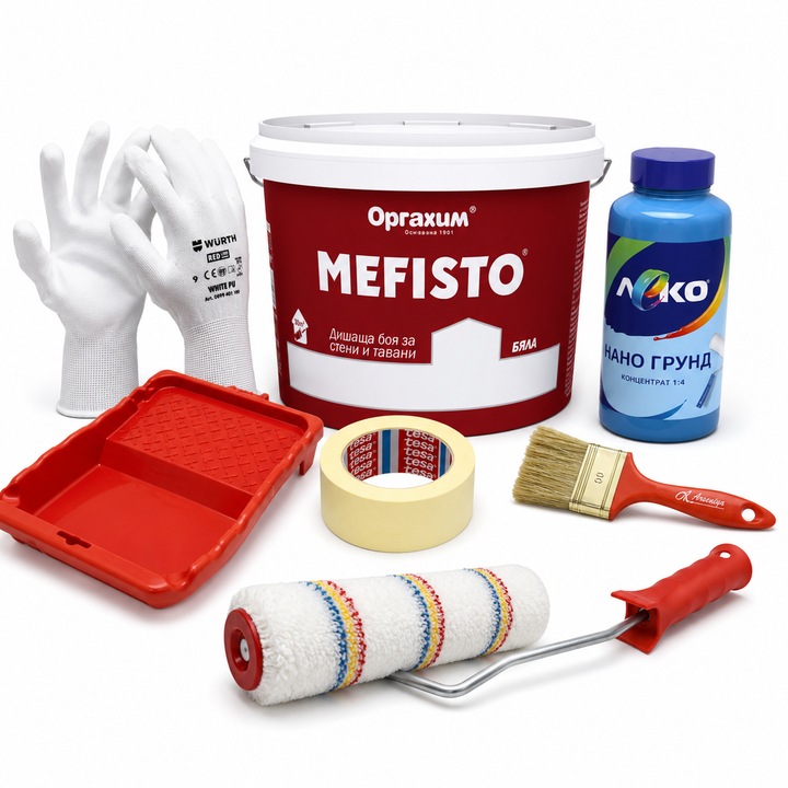 Комплект за боядисване на стая до 45 м², Mefisto Room Refresh 45, Бял латекс, Грунд и аксесоари