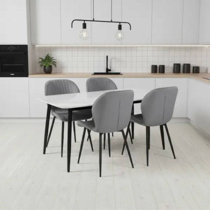 Set Masa Fixa Bucatarie / Dining Atlas Marble Alb ARTA TABLE 137.5 x 77.5 cm cu 4 Scaune Opal Gri, Tapitate Material Textil, Picioare Metalice Negre