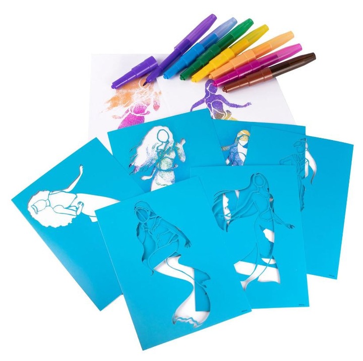Set creativ, Disney The Little Mermaid cu markere cu pulverizare, 7 markere spray, 6 sabloane reutilizabile, pentru copii 4+ ani