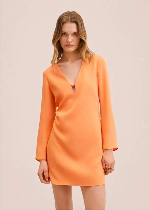 Rochie Mini cu Decolteu Aplicat si Croiala Lejera, Portocaliu Coral, XS