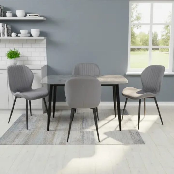 Set Masa Fixa Bucatarie / Dining Atlas Marble Gri ARTA TABLE 137.5 x 77.5 cm cu 4 Scaune Opal Gri, Tapitate Material Textil, Picioare Metalice Negre